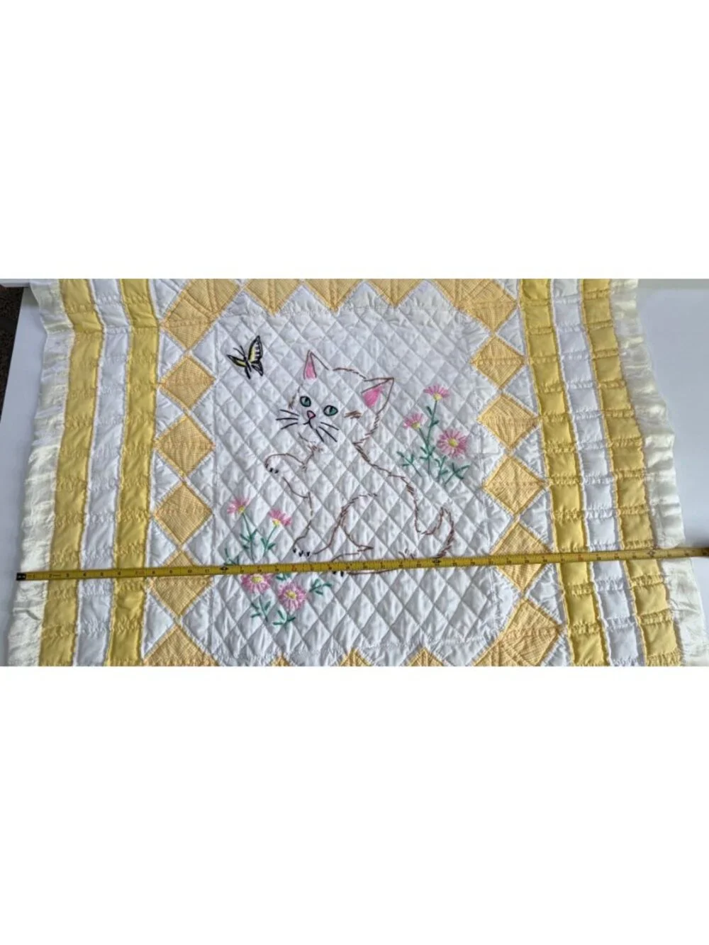 Vintage Handmade Baby Quilt Embroidered Cat Kitten Blanket Satin Yellow White